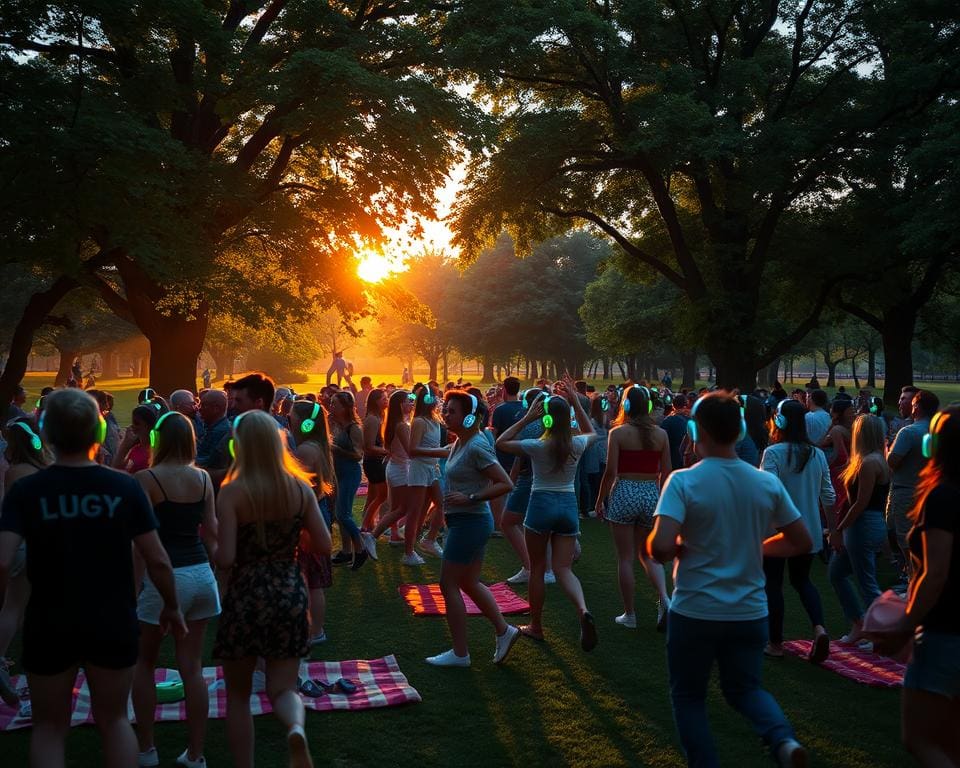 Doe mee aan een silent disco in het park