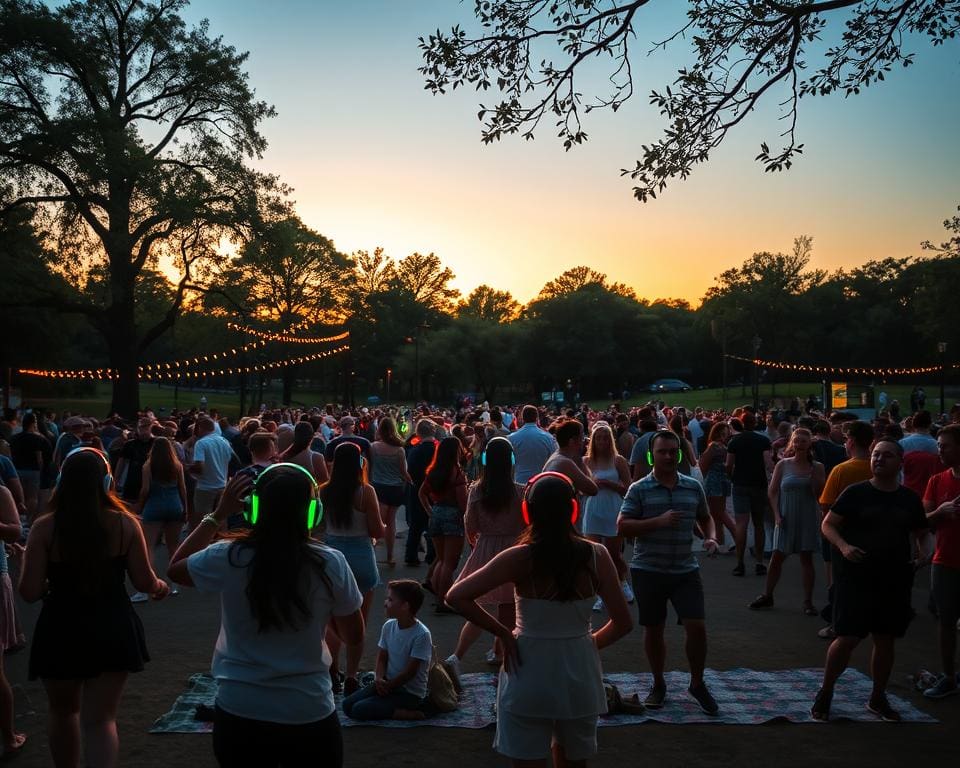 Doe mee aan een silent disco in het park