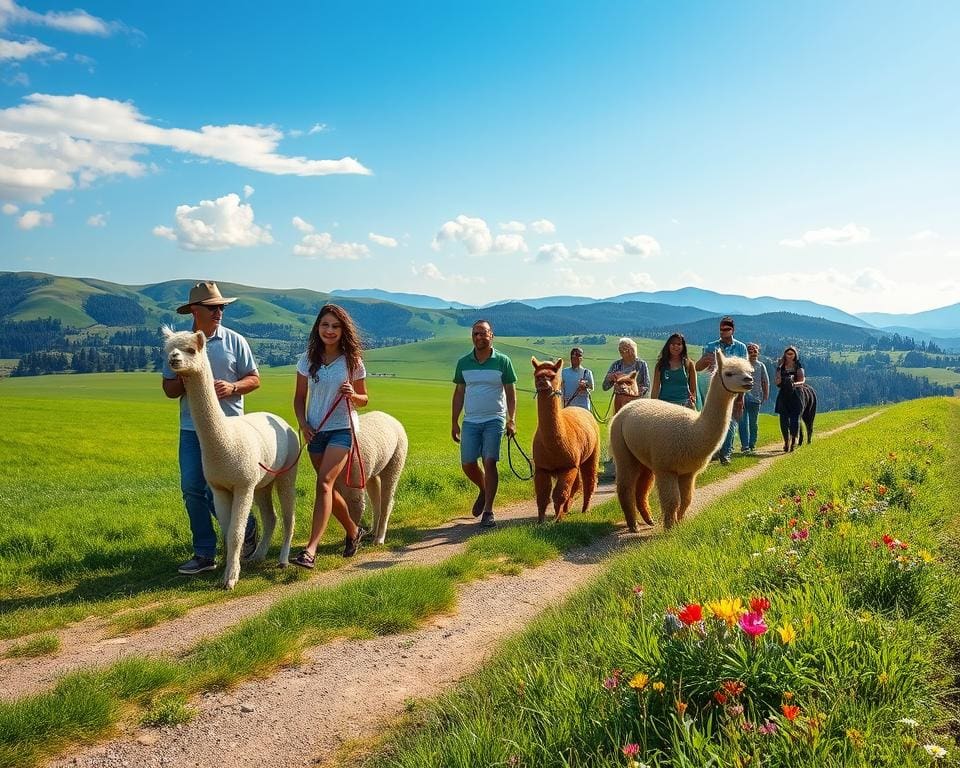 Neem deel aan een groepswandeling met alpaca's